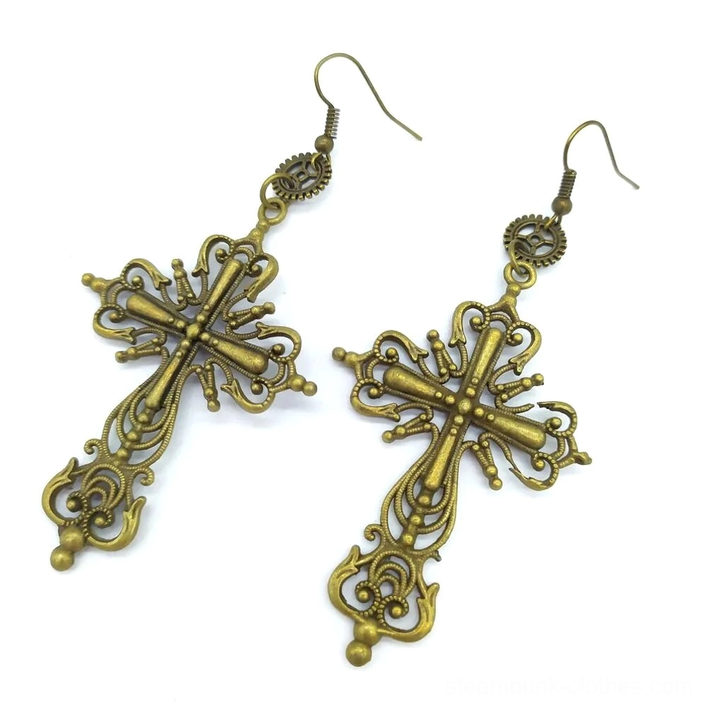 Dark bronze filigree cross steampunk drop earrings with gear connector and intricate carved cross details, tilted display
