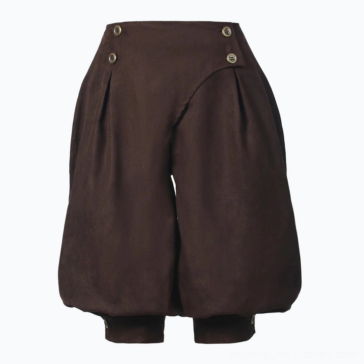 Women's pirate steampunk breeches dark brown color, mannequin display showing dual waist buttons, pleated front details, and cropped cuffs
