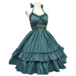 Dark teal steampunk gothic lolita halter dress with double-tiered ruffled skirt and waist lace-up detail, displayed on mannequin in studio setting