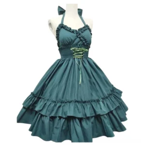 Dark teal steampunk gothic lolita halter dress with double-tiered ruffled skirt and waist lace-up detail, displayed on mannequin in studio setting