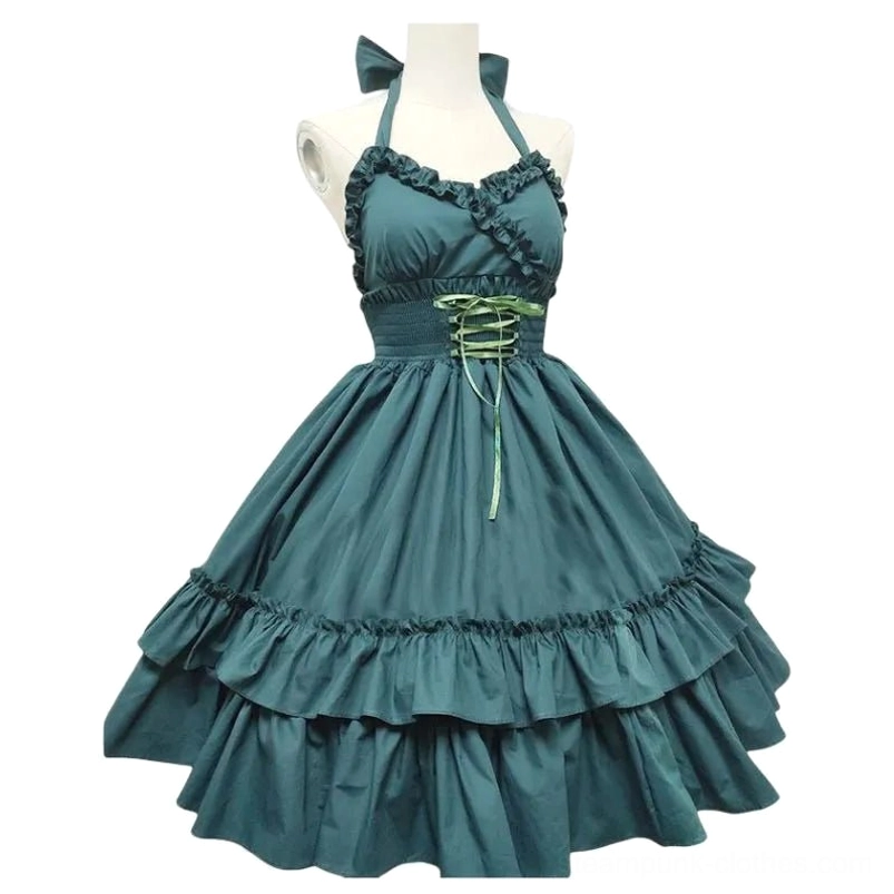 Dark teal steampunk gothic lolita halter dress with double-tiered ruffled skirt and waist lace-up detail, displayed on mannequin in studio setting