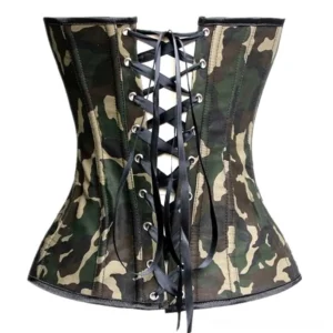 Dieselpunk camouflage corset rear view showing black ribbon lace-up back with reinforced metal eyelets