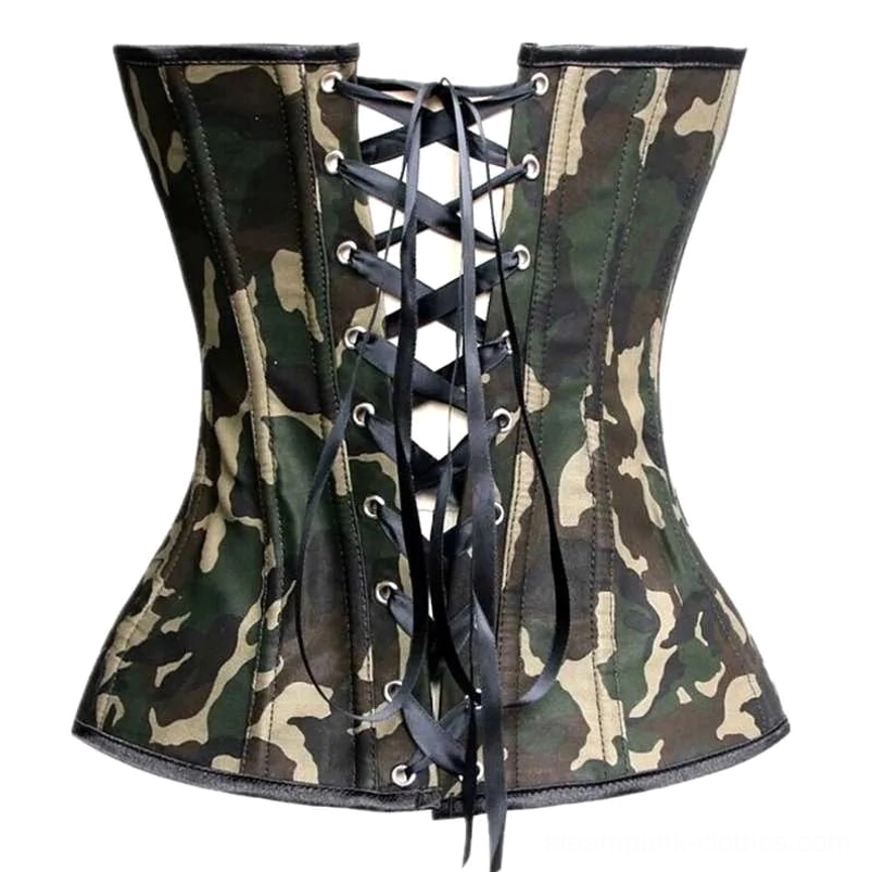 Dieselpunk camouflage corset rear view showing black ribbon lace-up back with reinforced metal eyelets