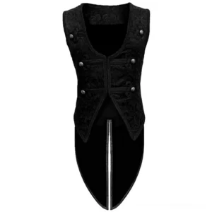 Dracula gothic steampunk tailcoat vest front view with metal studs and split tail hemline