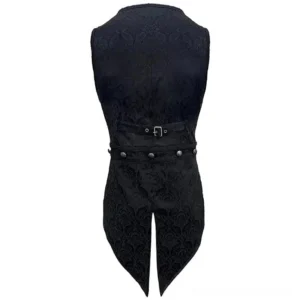 Dracula steampunk vampire vest back view showing embossed damask texture and waist buckle strap