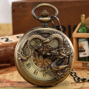 Bronze steampunk dragon pocket watch front view showing carved dragon relief and mechanical skeleton dial with Roman numerals