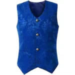 Electric blue damask steampunk waistcoat front view featuring V-neck, bronze button closures, and intricate jacquard textile pattern