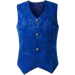 Electric blue damask steampunk waistcoat front view featuring V-neck, bronze button closures, and intricate jacquard textile pattern