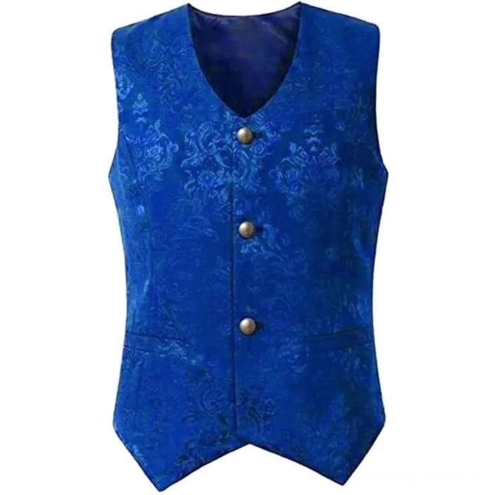 Electric blue damask steampunk waistcoat front view featuring V-neck, bronze button closures, and intricate jacquard textile pattern