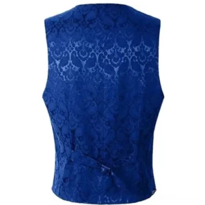 Electric blue steampunk vest rear view showcasing adjustable back buckle strap, rounded hem, and damask jacquard fabric detail