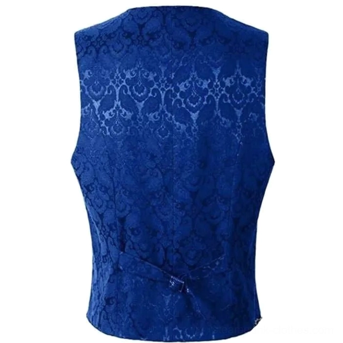Electric blue steampunk vest rear view showcasing adjustable back buckle strap, rounded hem, and damask jacquard fabric detail