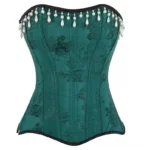 Emerald green vintage steampunk corset with floral jacquard fabric and pearl tassel details - front full view