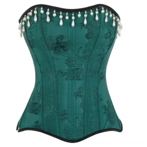 Emerald green vintage steampunk corset with floral jacquard fabric and pearl tassel details - front full view