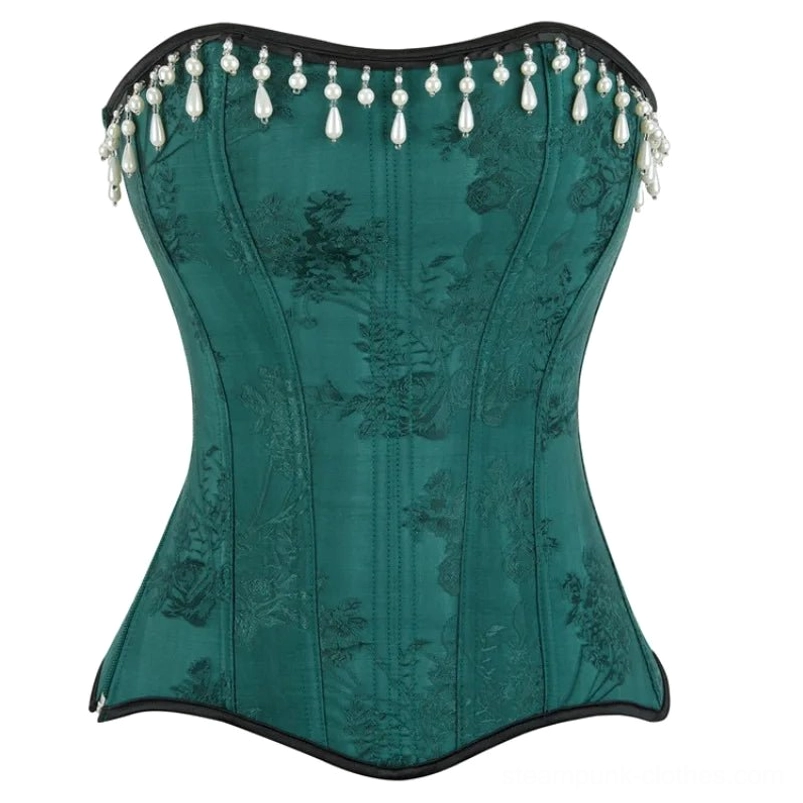 Emerald green vintage steampunk corset with floral jacquard fabric and pearl tassel details - front full view