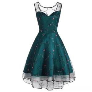 Emerald green steampunk cocktail dress front view with embroidered flowers, sweetheart mesh neckline, and high-low tulle hem