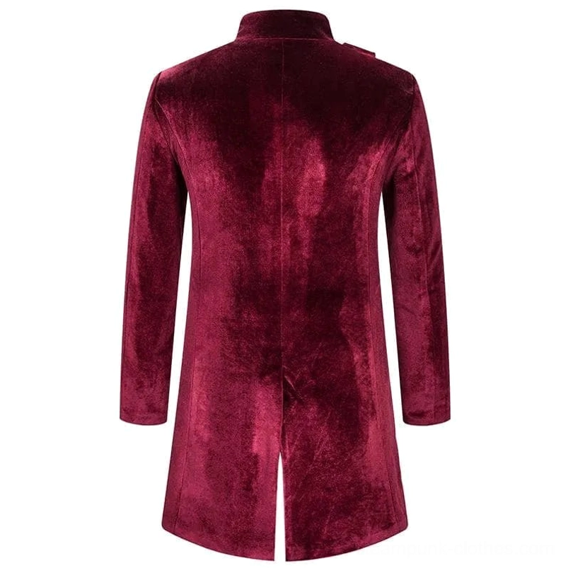 Wine red steampunk velvet redingote rear view - back split hem design with Victorian tailoring - menswear flat lay