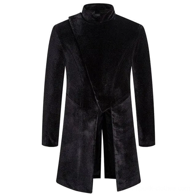 Black steampunk velvet redingote for men - asymmetrical wrap front design with stand collar - flat lay front view