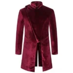 Wine red steampunk velvet redingote for men - front asymmetrical wrap design with stand collar and split hem - flat lay studio view