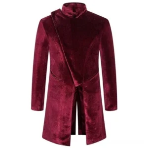Wine red steampunk velvet redingote for men - front asymmetrical wrap design with stand collar and split hem - flat lay studio view