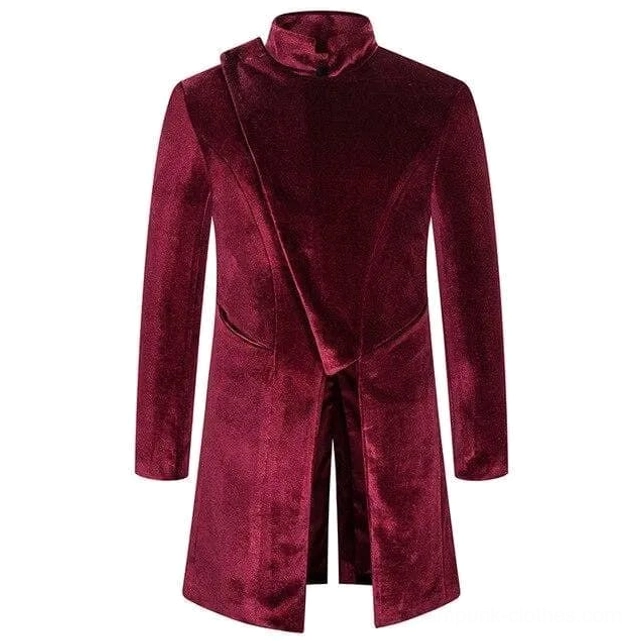 Wine red steampunk velvet redingote for men - front asymmetrical wrap design with stand collar and split hem - flat lay studio view