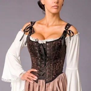 Eugenia brown damask steampunk overbust corset with black piping trim and detachable tie shoulder straps, front lace-up closure detail