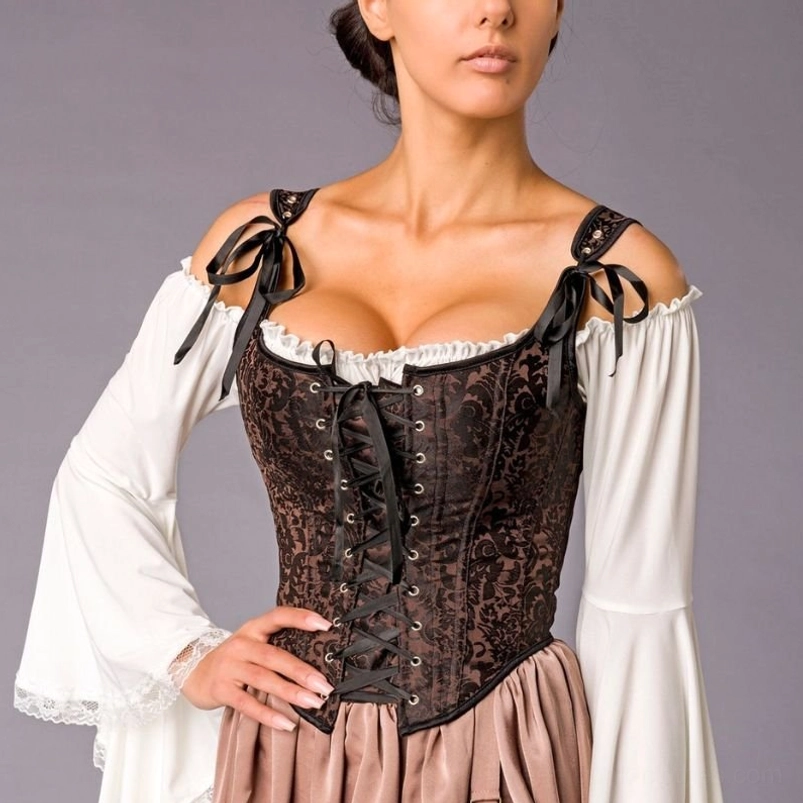 Eugenia brown damask steampunk overbust corset with black piping trim and detachable tie shoulder straps, front lace-up closure detail