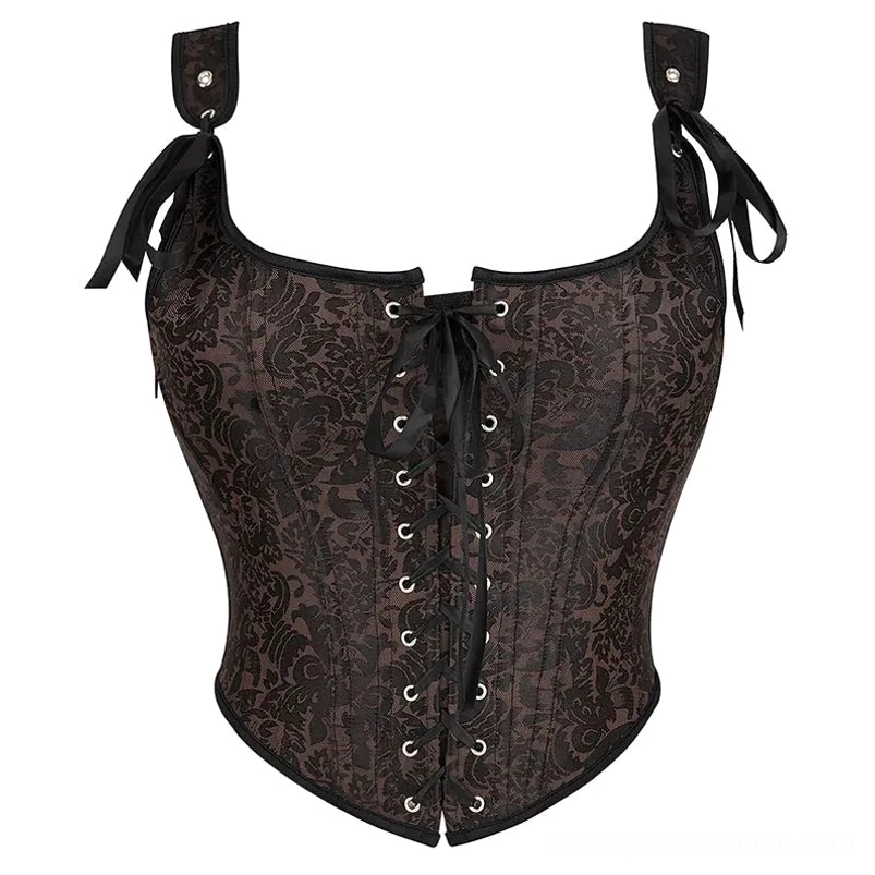 Eugenia overbust steampunk corset angled front view highlighting brown damask jacquard fabric, black piping trim, and detachable shoulder straps