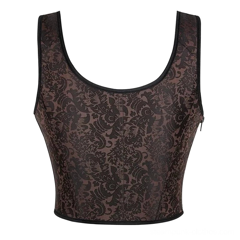 Eugenia sleeveless damask steampunk corset bodice flat lay showing scoop neckline, black edge trim, damask weave pattern, and structured boning support