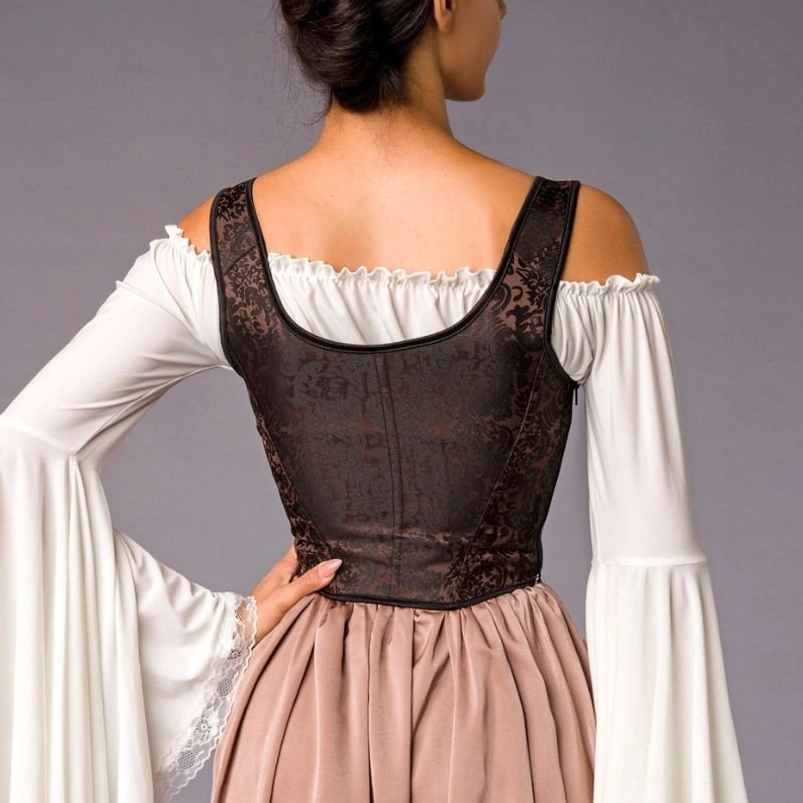 Eugenia steampunk corset worn with matching renaissance costume blouse and tan skirt, back view showcasing closed corset construction