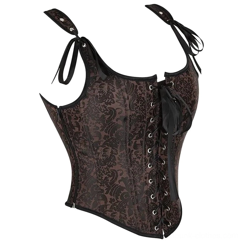 Eugenia steampunk corset back view showing lace-up back closure, tie shoulder straps, and damask fabric construction for support and shaping