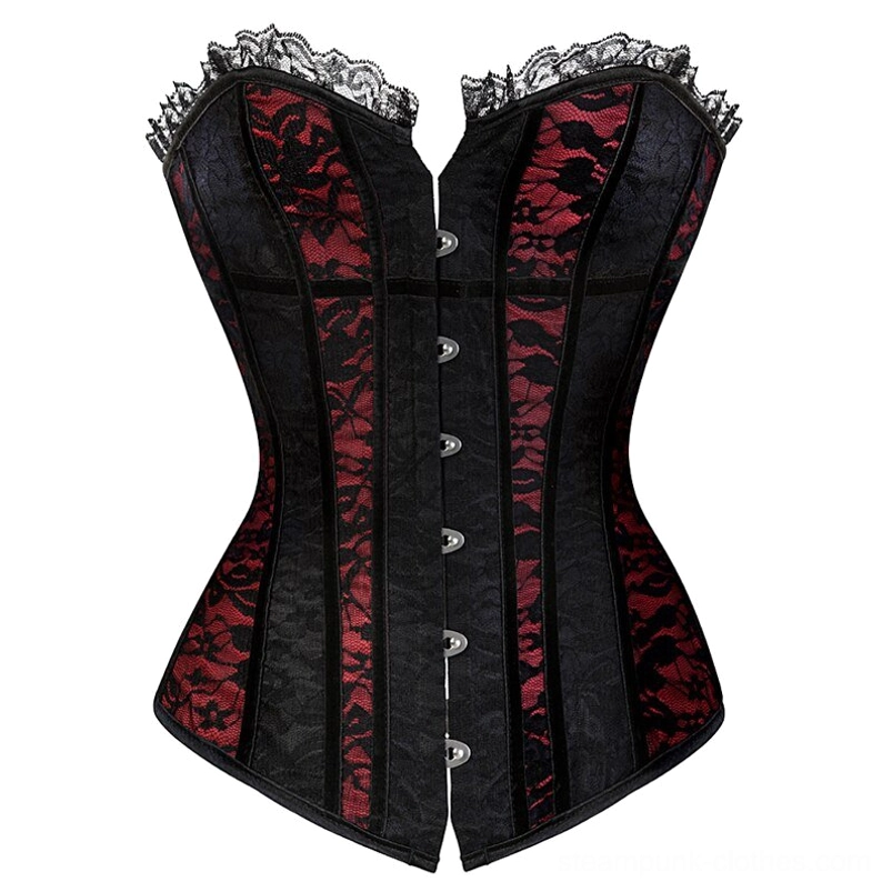 Strapless steampunk corset front flat view on white background, displaying hook fasteners and delicate lace neckline trim, black-red floral lace material