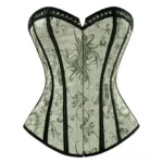 Floral damask steampunk corset front view with heart-shaped neckline, black lace trim, and metal hook closures on white background