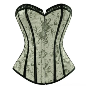 Floral damask steampunk corset front view with heart-shaped neckline, black lace trim, and metal hook closures on white background