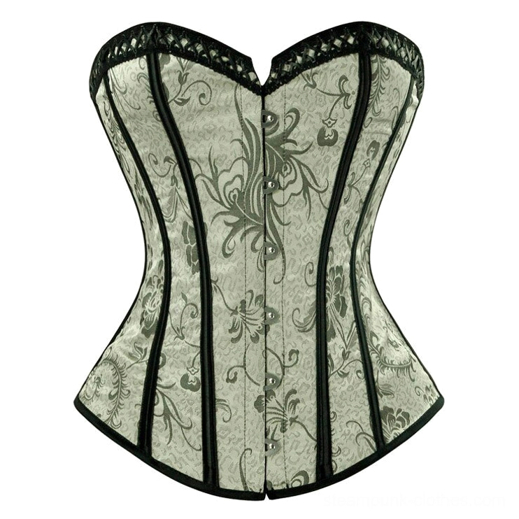 Floral damask steampunk corset front view with heart-shaped neckline, black lace trim, and metal hook closures on white background