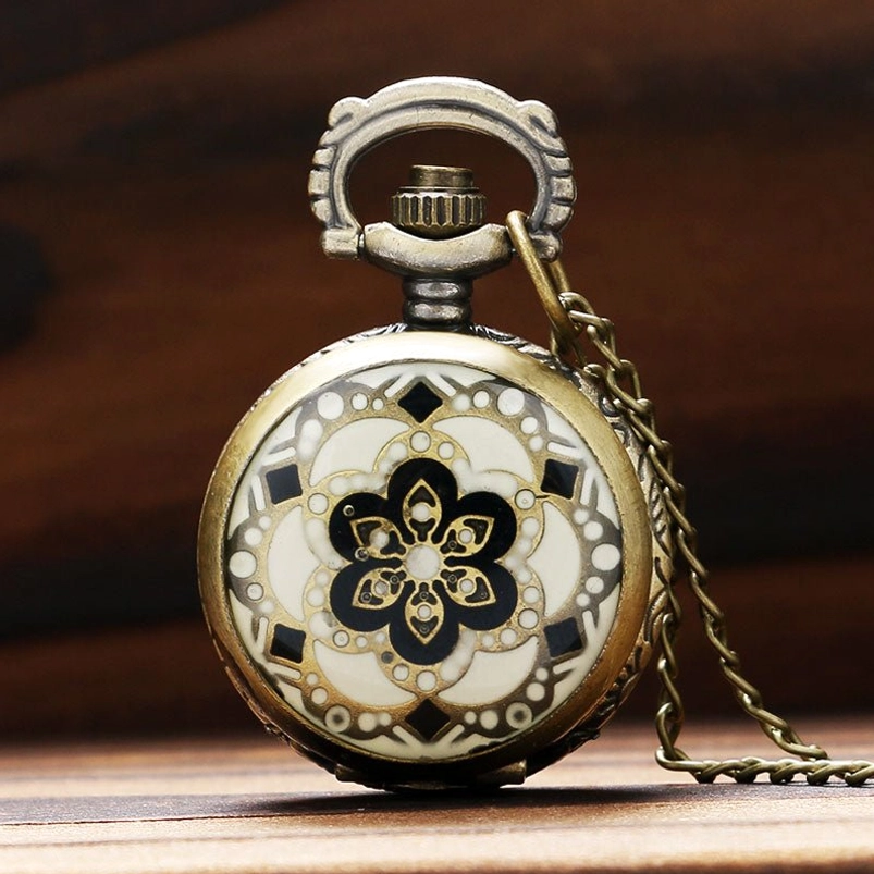 Floral enamel steampunk pocket watch with vintage bronze case and decorative chain, front view
