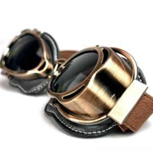 Foldable steampunk aviator goggles folded compact showing brushed bronze metal housing and leather padding detail