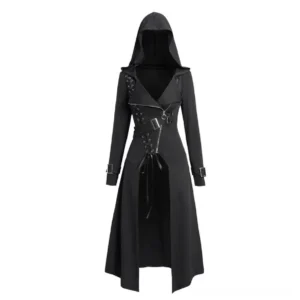 Fox Lady steampunk jacket front flat lay showing black lace-up closure with metal grommets and buckle details