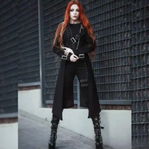 Fox Lady gothic steampunk jacket with asymmetric lace-up front and metal buckles worn by model on urban street