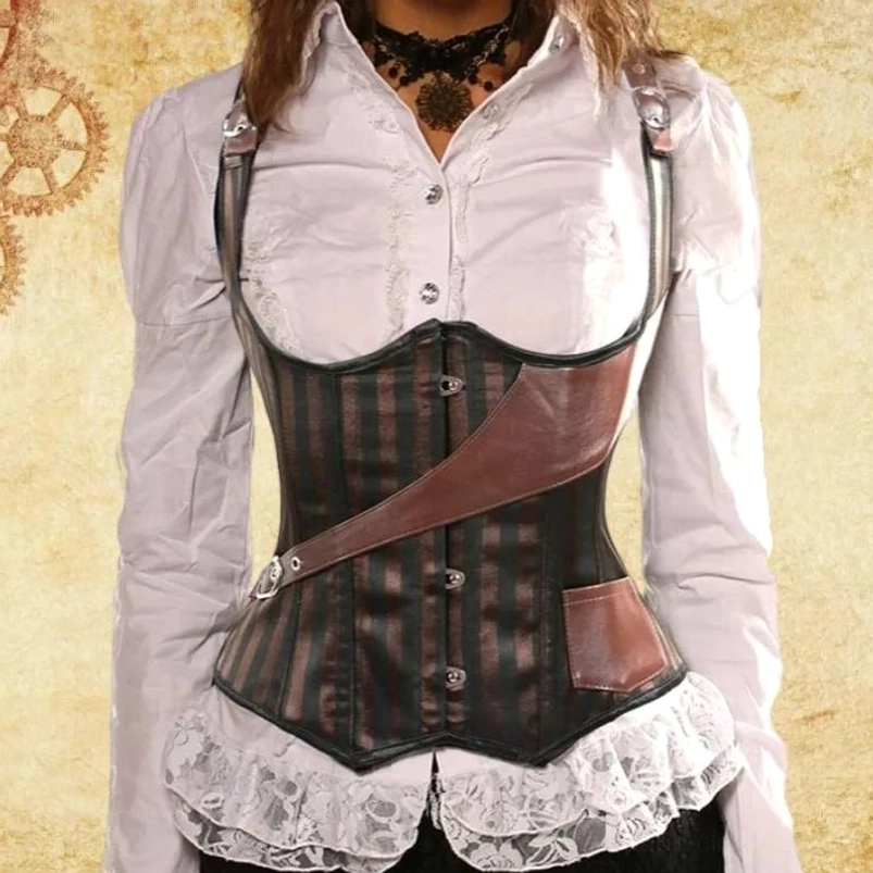 Freebooter steampunk corset full front torso view displaying striped fabric with leather cross-strap detail against steampunk vintage background