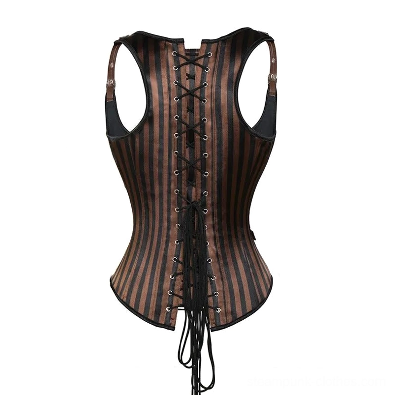 Freebooter steampunk corset back view display showing lace-up construction with cut-out shoulder straps and striped fabric detail on white background