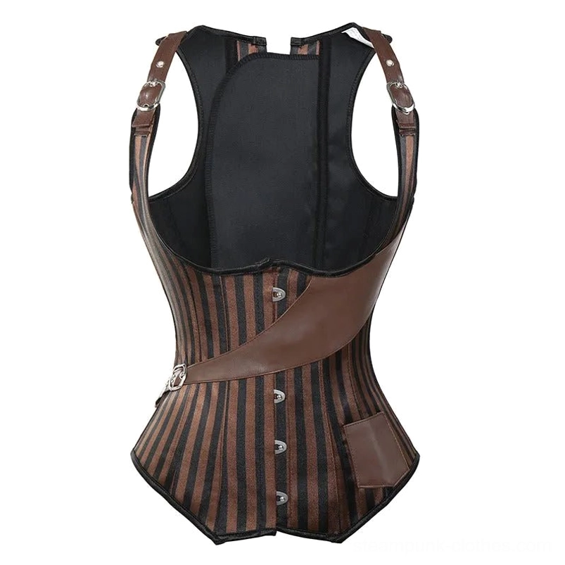 Freebooter steampunk corset flat lay front display view showing black lining, leather trims, and shoulder strap construction