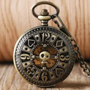 Gambler steampunk pocket watch front view with bronze finish, poker-themed numerals, and skeleton dial center on wooden desktop