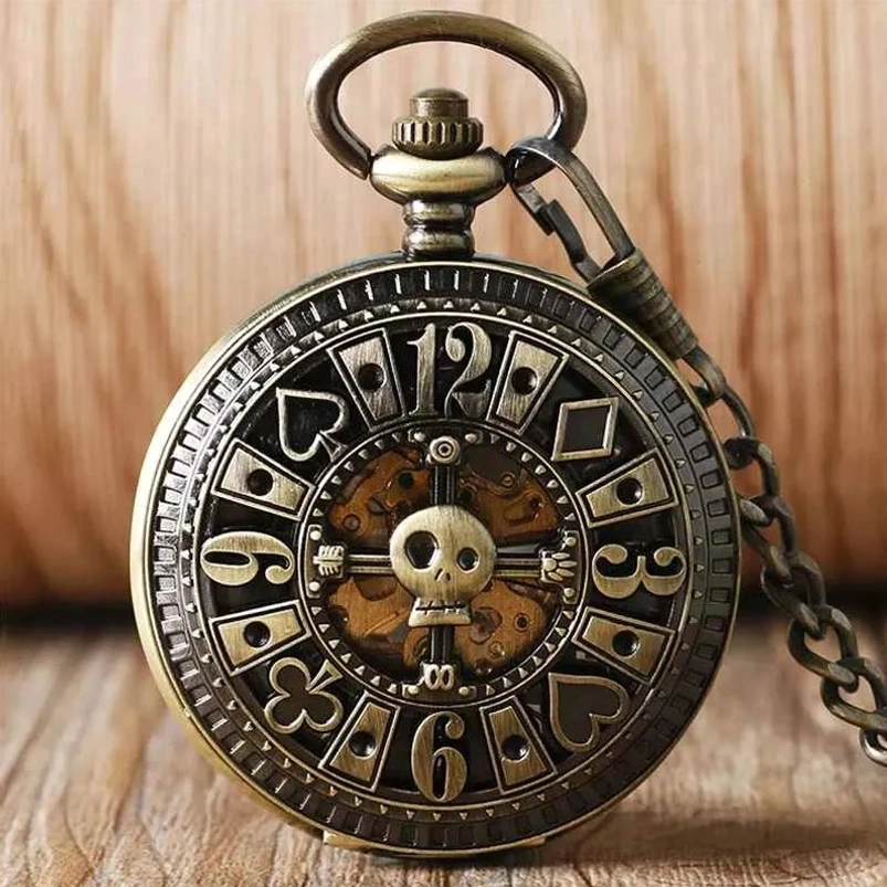 Gambler steampunk pocket watch front view with bronze finish, poker-themed numerals, and skeleton dial center on wooden desktop