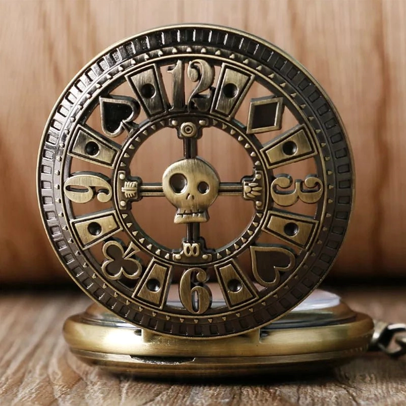 Steampunk pocket watch Gambler model with poker dial numerals, bronze case, skull center detail, and exposed mechanical base