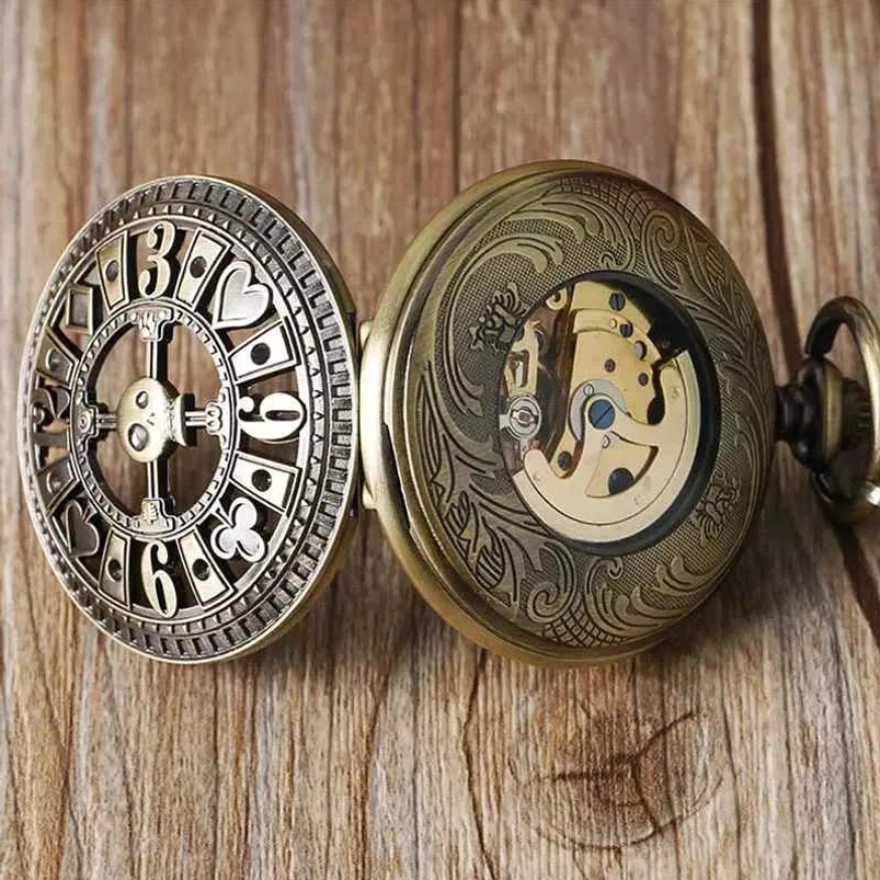 Flip-open steampunk pocket watch showing bronze carved exterior, skeleton movement, and poker-style front cover design