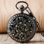 Gloomy Flower Steampunk pocket watch with hollow floral pattern and glowing green gemstone accents - front view