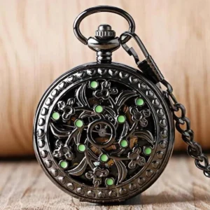 Gloomy Flower Steampunk pocket watch with hollow floral pattern and glowing green gemstone accents - front view