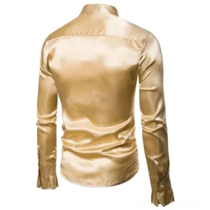 Gold satin steampunk blouse rear view showing tailored slim-fit cut and glossy satin fabric - back perspective