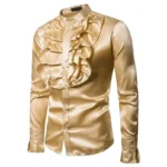 Gold satin steampunk shirt front view with layered ruffled placket and stand collar - theatrical Victorian blouse