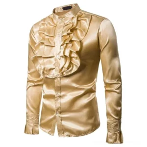 Gold satin steampunk shirt front view with layered ruffled placket and stand collar - theatrical Victorian blouse